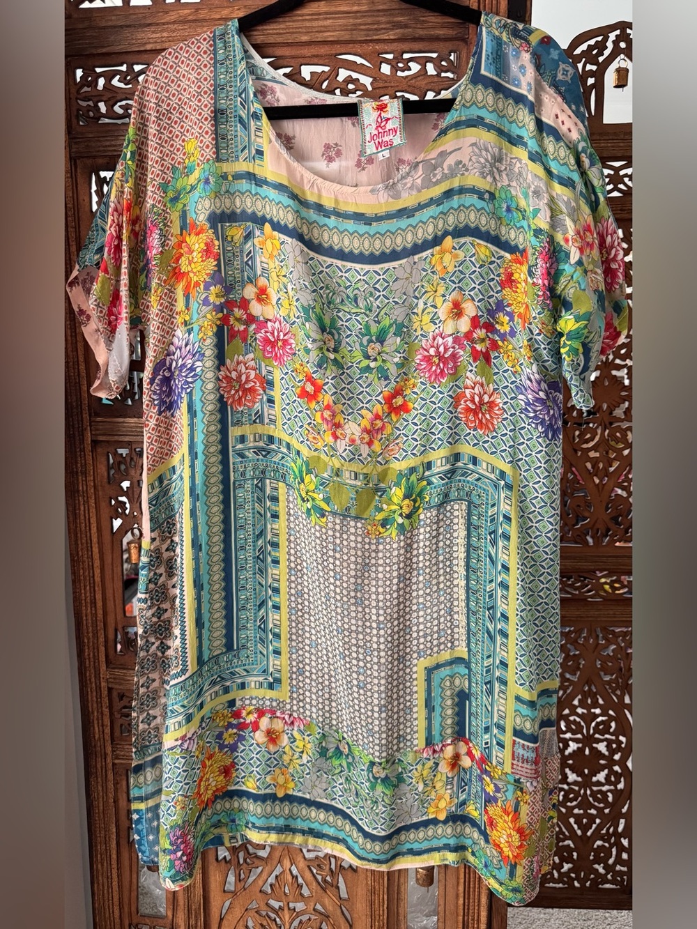 Johnny Was Teal Floral Scoop Neck Tunic with Yellow & Pink Accents